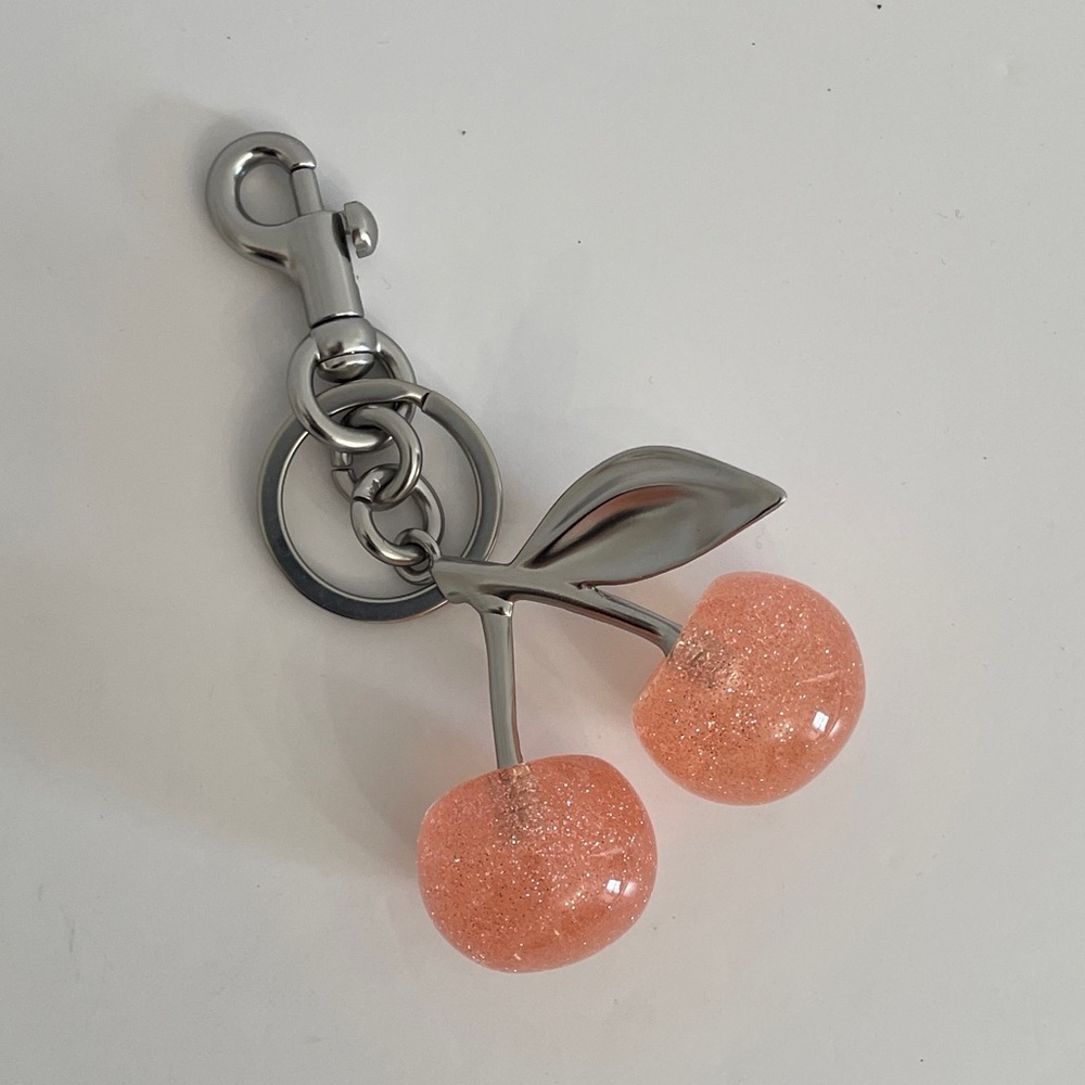 Cherry Resin Bag Charm Key Chain Fob Glitter Peach with Silver
